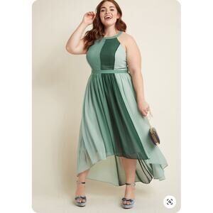 Modcloth Wishbone Halter Green Color Block Hi Lo Dress, Size Large